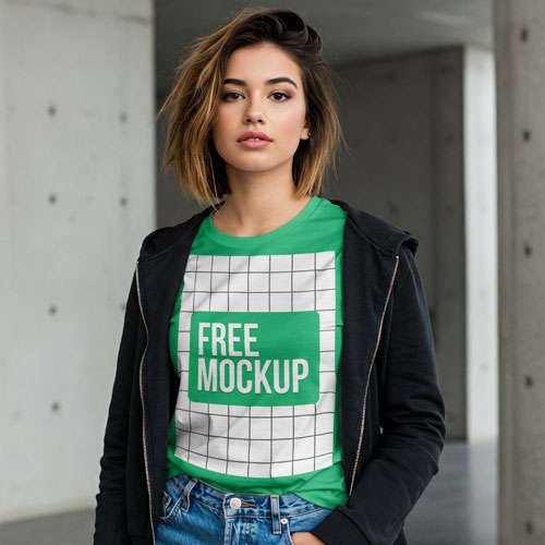 The Free-Woman-Wearing-Hoodie-Tshirt-Mockup.psd shows a woman with short brown hair wearing a black zip-up hoodie over a green t-shirt. She stands in front of a modern concrete wall, looking directly at the camera.