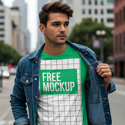 The Free-Man-T-shirt-Mockup-Urban-Setting.psd shows a man wearing a denim jacket over a green t-shirt with a mockup graphic. He is standing on a city street, looking to the side, with blurred buildings in the background.