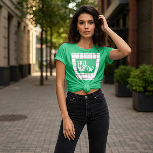 The Free-Woman-T-shirt-Mockup-Street-Style.psd features a stylish woman with long dark hair posing on an urban street. She is wearing a green t-shirt with a "Free Mockup" graphic, paired with black jeans, creating a modern street style look.