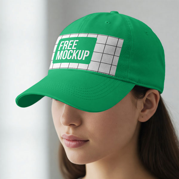 Free Woman Wearing Cap Mockup PSD. A close-up profile view of a woman wearing a vibrant green baseball cap that partially covers her eyes.