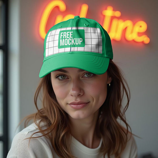 Free Woman with Hat Mockup PSD. A young woman with brown hair and green eyes smiles while wearing a bright green baseball cap.