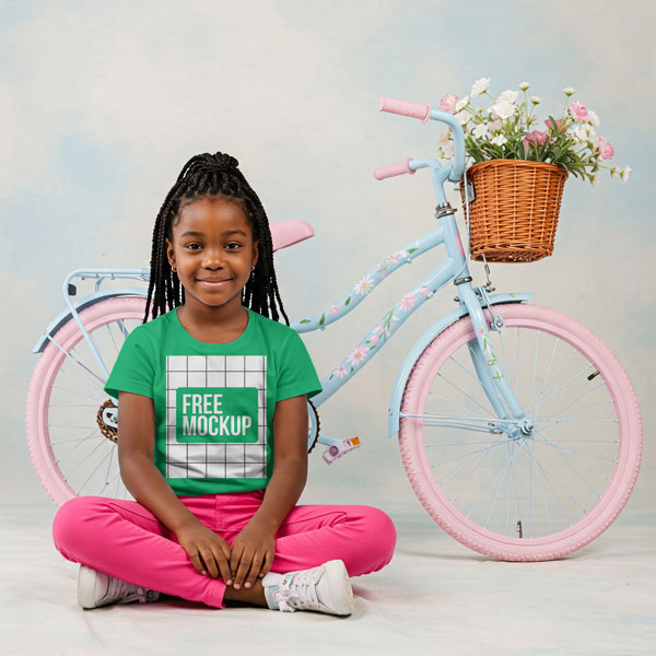 Kid T-Shirt Bicycle Free Mockup with a young girl and a pastel bicycle
