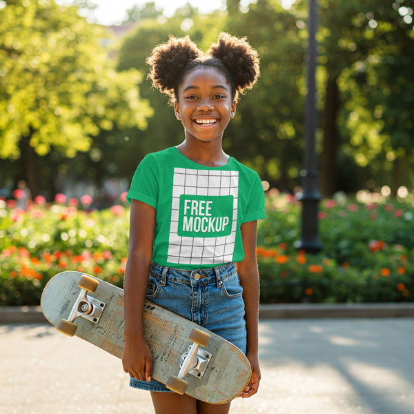 Kid T-Shirt Skateboard Free Mockup for youth apparel design in an outdoor park setting